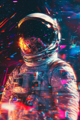 Wall Mural - astronaut wearing helmet against abstract cosmic background. man in spacesuit with neon lighting and
