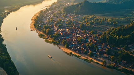 Top view of the serene Mekong River as it flows past the village of Ban Pak Ou, known for its river caves.