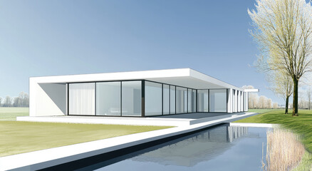 3D rendering of a simple two-story house in a white color, with straight lines and a minimalist style