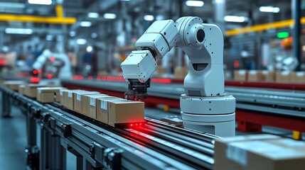 Automated Precision on the Assembly Line: A robotic arm carefully scans and sorts packages on a conveyor belt, embodying the future of manufacturing with its efficiency and accuracy.  