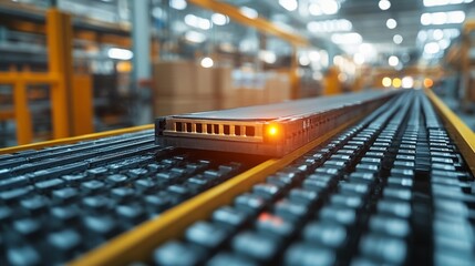 Automated Efficiency: A close-up view of a robotic arm transporting parts along a conveyor belt in a modern factory setting, showcasing the precision and automation of modern manufacturing.