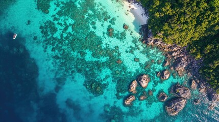 Wall Mural - Top view of the turquoise and emerald green waters around Koh Similan, with coral reefs and small islands.