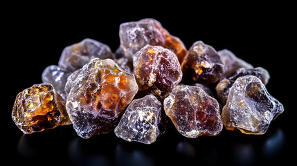 Macro view of kidney stones, small, hard mineral deposits, against a black background, highlighting their irregular shapes and rough textures, associated with hyperparathyroidism.