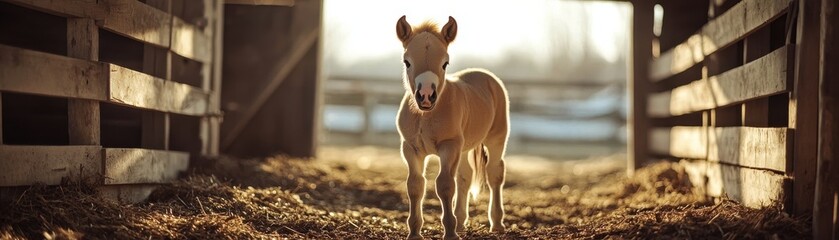 Wall Mural - Adorable Foal in Sunlit Barn - Young Horse Standing in Wooden Stable with Warm Sunlight