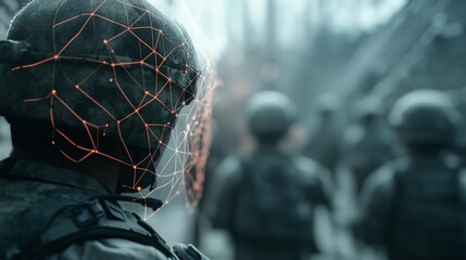 Enhanced Warfare: A soldier equipped with advanced neural interface technology leads a squad through a desolate battlefield, embodying the future of combat. 