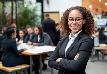 Wall Mural - a smiling business woman standing in the middle of an office with other employees sitting at tables and facing camera