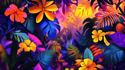 Vibrant tropical leaves and flowers in a neon color palette.