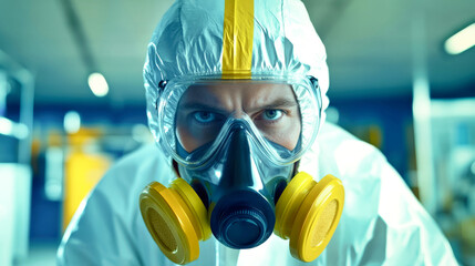 A focused worker in a high-quality hazmat suit and gas mask gets ready for meticulous lab activities, showcasing striking protective gear against a vivid backdrop