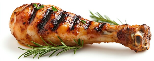 a grilled chicken drumstick with grill marks, barbecue theme, juicy and golden brown, isolated on white background