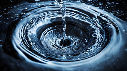 Water swirls down a shiny metal drain, creating a whirlpool effect as it disappears into the dark abyss, with a few stray droplets lingering behind.