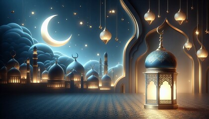 Wall Mural - A 3D illustration of a mosque with a crescent moon and stars in the night sky. There are lanterns hanging from the ceiling.