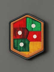 Poster - A hexagonal wooden patch with a red, green, and yellow pattern and four white dots.