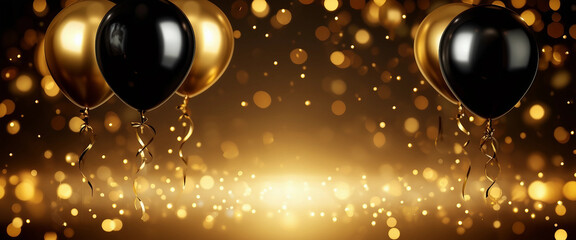 Sticker - Luxury background with a golden and black balloons on a bokeh background with a place for text