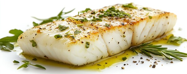 a poached fish fillet with herbs, light and healthy, delicate texture, isolated on white background