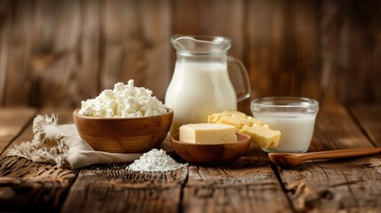 Variety of fresh dairy products on a rustic wooden table, perfect for a nutritious breakfast or snack. Vibrant colors pop against a white background, adding warmth and tradition to the scene