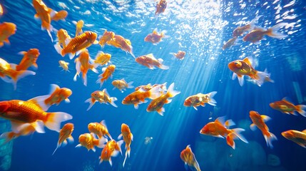 Wall Mural - A large group of goldfish swimming in an aquarium