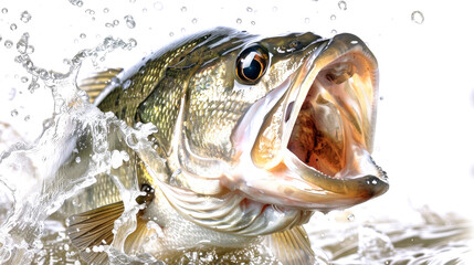 A large river bass splashes dramatically with its mouth wide open, showcasing raw energy and vitality as it breaks the water's surface