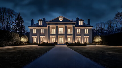 A deserted road faces the large, opulent white dream home in the dark. External facade of a residential building, a costly residence, a wealthy family's property, and a yard. dazzling mansion status