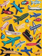 Wall Mural - Colorful airplane patches arranged on a yellow background.