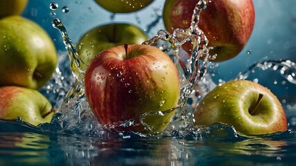 Wall Mural - Apples in water splash, fresh healthy organic fruit, close-up photo in motion