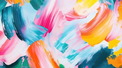 Vibrant Abstract Painting with Bold Brush Strokes in Multicolored Hues of Pink, Blue, Yellow, and Green