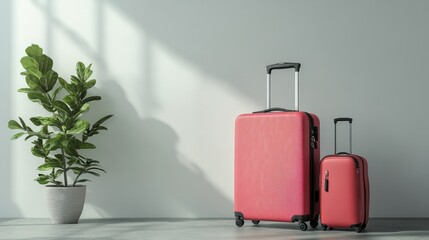 Two pink flight suitcase on white background with copy space. Minimal style and travel concept.

