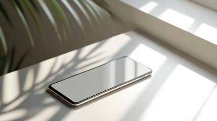 a cutting-edge smartphone with a sleek design and large screen, placed on a clean, light-colored desk with soft natural light