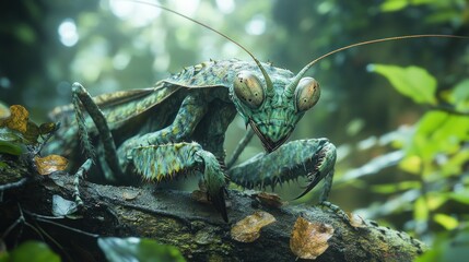 Sticker - A vibrant, detailed mantis perched on a branch in a lush environment.