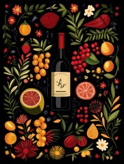 Poster - A bottle of wine surrounded by vibrant fruits and flowers against a black background.