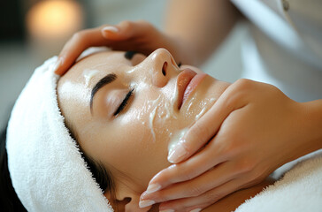 Poster - A woman in her late thirties receiving a facial treatment at a spa, with professional hands applying face cream on the forehead of another person lying down wearing a white robe and with eyes closed