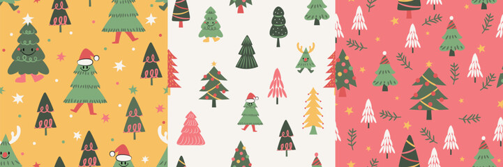 Poster - Merry christmas seamless pattern vector. Set of square cover design with pine tree, leaves, star. Winter season illustration for fabric, wallpaper, packaging, wrapping paper, ads.