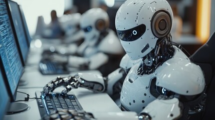 Robot working at computer among people. Maschine typing on keyboard in office. IT team of future. Futuristic worker. Humanoid work at call center. Support job. Selling concept, Generative AI