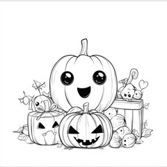 Wall Mural - Cute Halloween Pumpkins Illustration   Coloring Page Design