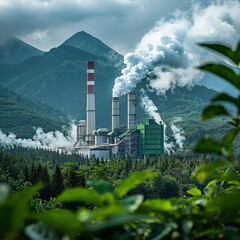 power plant with steam in the forest