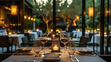 A table set for dinner in a restaurant with a view of a garden.