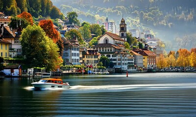 Wall Mural - Picturesque European Town on a Lake