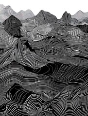 Abstract black and white image of a mountain range with lines.
