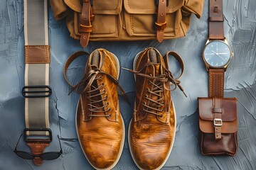 Wall Mural - Stylish Men's Accessories: Shoes, Watch, and Bag Arrangement