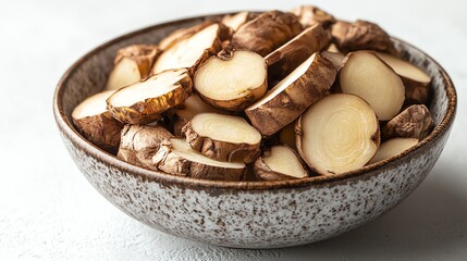 a bowl of sliced galangal, aromatic and earthy, soft light, isolated on white background