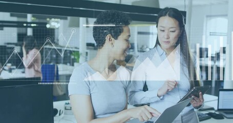 Poster - Discussing data on tablet, businesswomen with financial chart animation over office background