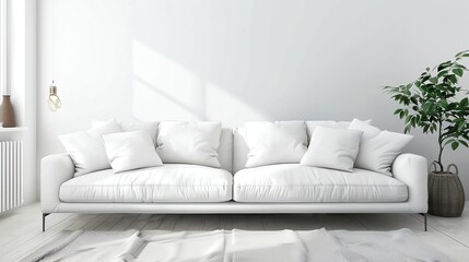 Sticker - A white couch in a minimalist living room with a plant in a basket.