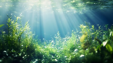 Wall Mural - Tranquil underwater scene with sunlight streaming through lush aquatic plants