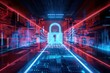 © PoyTumStudio - Futuristic digital landscape showcasing a secure lock symbol surrounded by neon lights and data flows, representing cybersecurity.