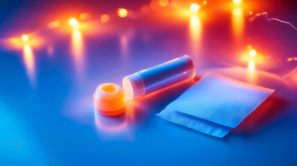 Wall Mural - a vibrant arrangement featuring colorful lights, a container, and a packet on a blue surface, creati