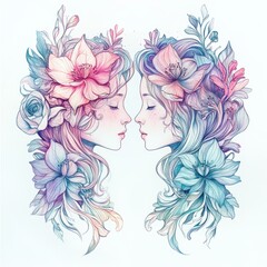 Two ethereal faces surrounded by colorful flowers in a harmonious design.