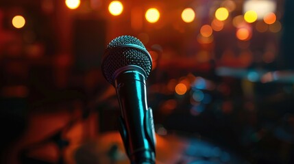 microphone in concert hall, karaoke or jazz club Close up . banner with vintage microphone with copy space. Old mic on dark background with lighting bokeh. Public performance. Microphone on stage 