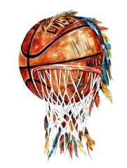 Canvas Print - A basketball with colorful feathers as if it is a headdress hangs in a basketball hoop.