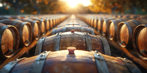 Wine wooden barrels, old shabby, background. Alcoholic winery basement storage for fermentation.