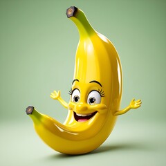 Yellow banana character, joyful, big sparkling eyes, wide smile, glossy finish, soft green gradient background, 3D.