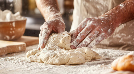 Baker kneading dough with floured hands on a wooden table, capturing the art of baking and homemade bread preparation